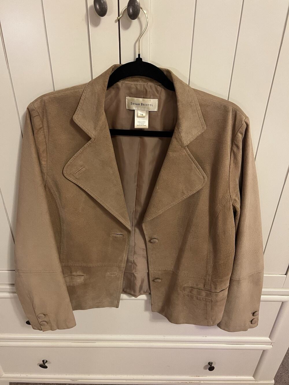 Susan Bristol Women's Beige Leather Blazer Jacket Size 14 Button Collared Lined